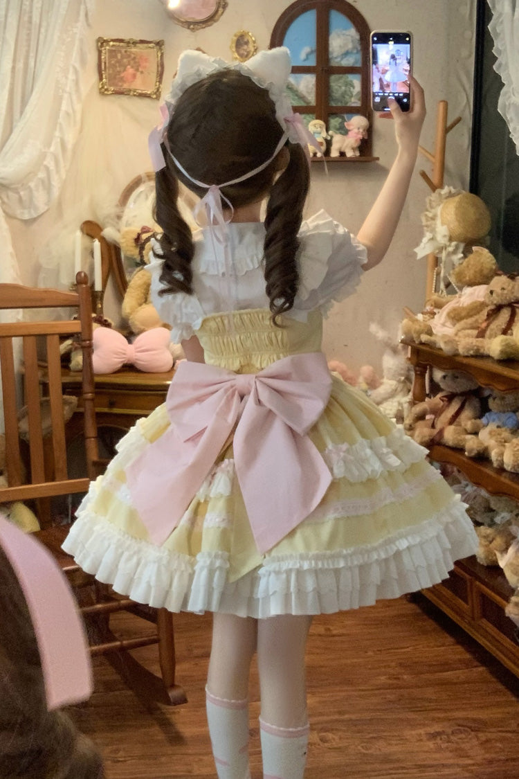 Yellow Meowling Sweet Maid Sleeveless Multi-Layered Ruffle Bowknot Lace Sweet Princess Lolita Jsk Dress