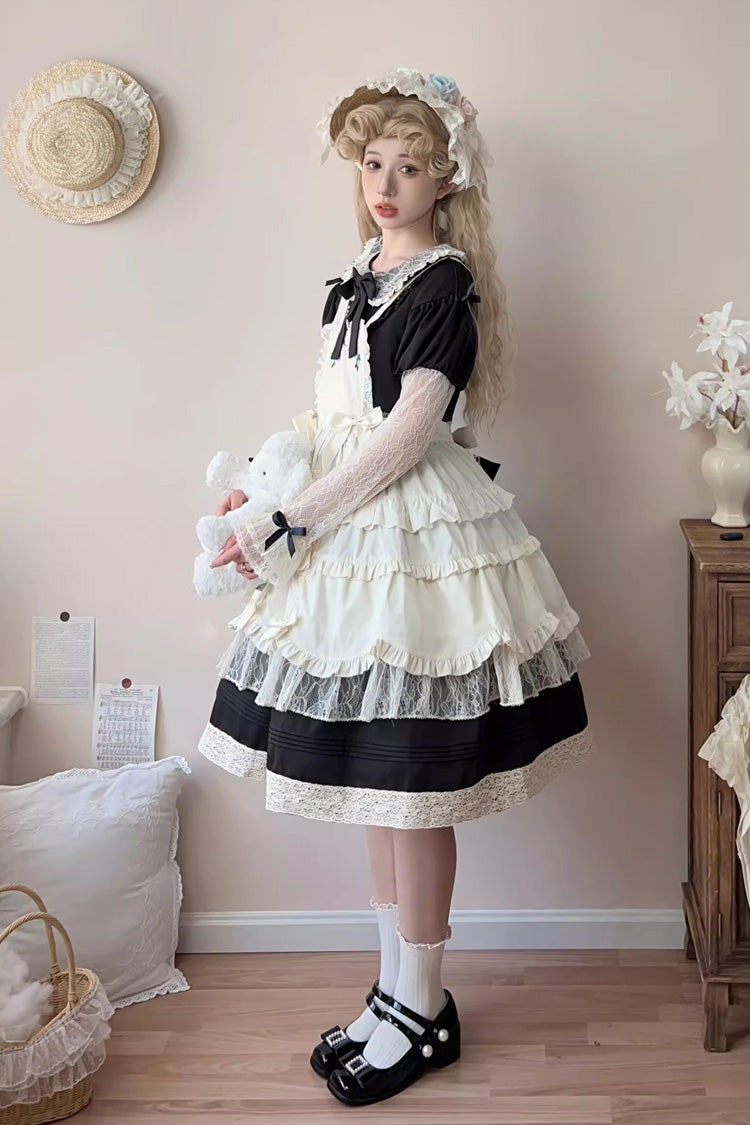 Black Mist over Flowers Along the Path Lapel Collar Long Sleeves Embroidery Bowknot Lace Sweet Lolita Dress