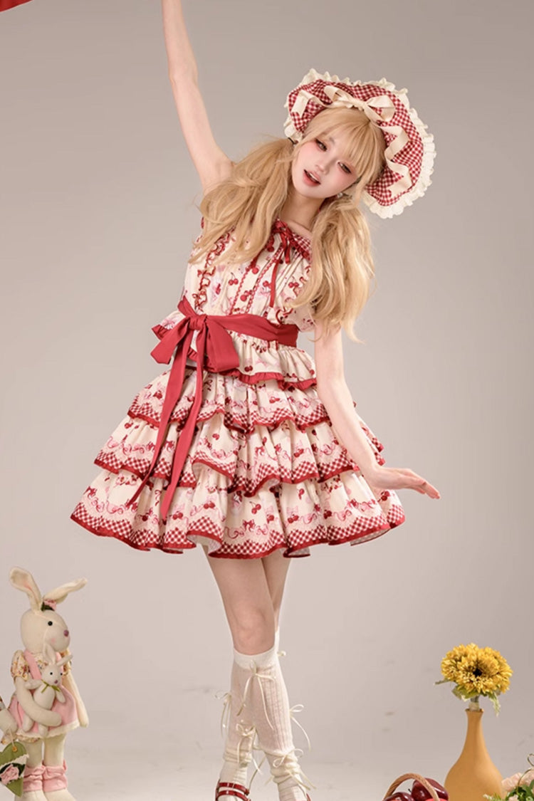 Red Triple-Layered Cherries Are Ripe Print Ruffle Sweet Lolita Skirt Set