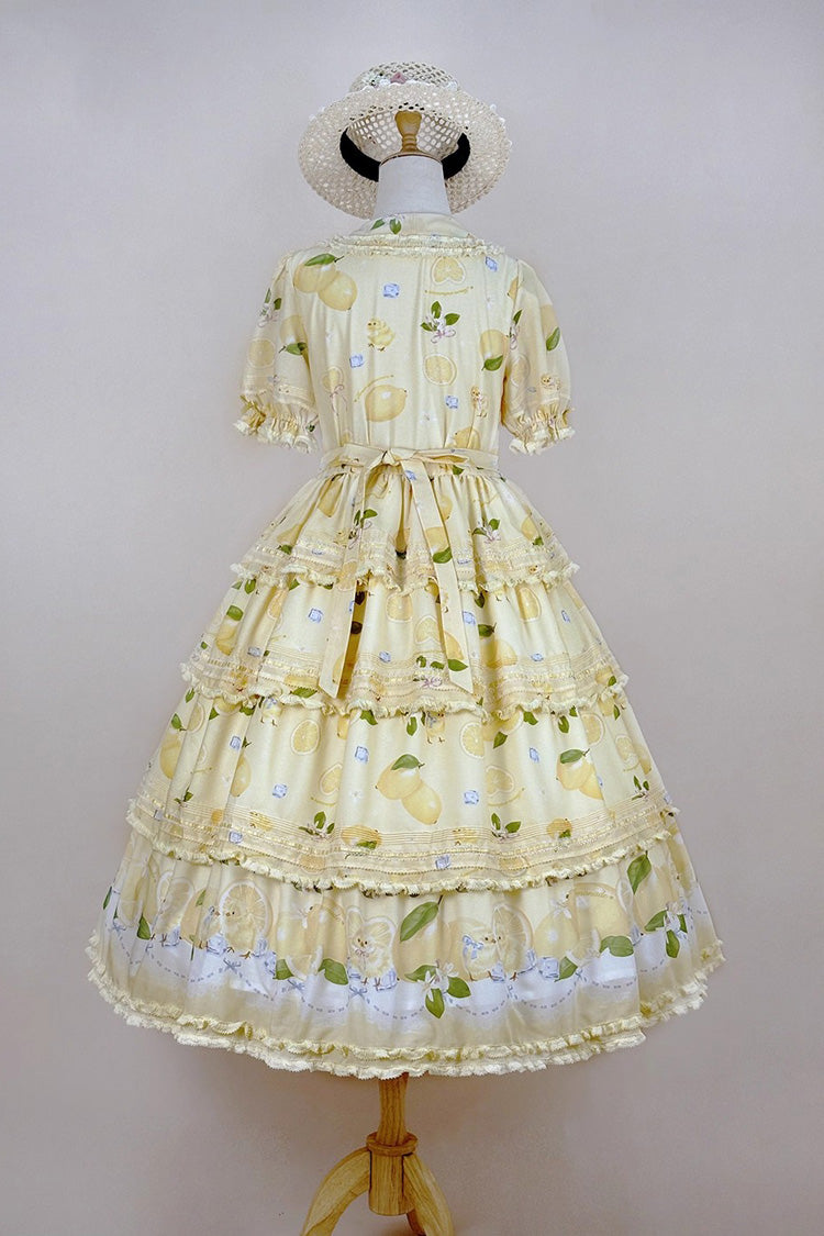 Yellow Lemon Chicken Short Sleeves Triple-Layered Print Ruffle Bowknot Lace Sweet Gorgeous Lolita Dress