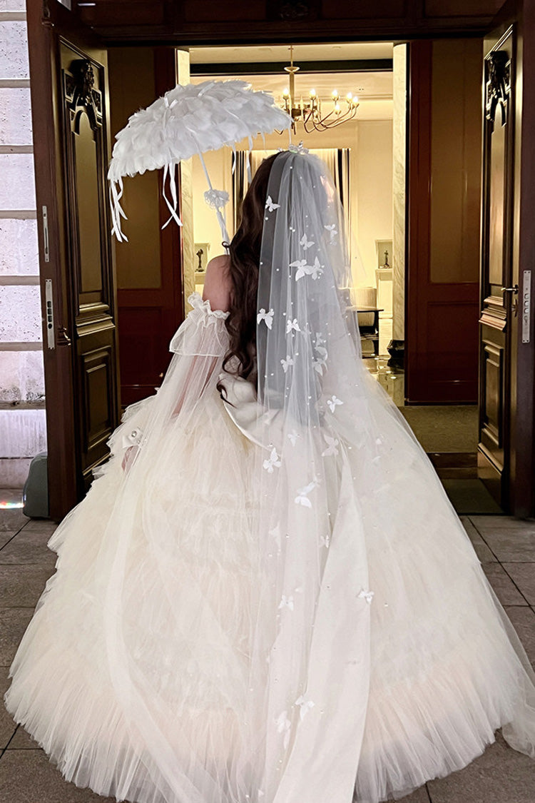 White Maiden's Love Off Shoulder Triple-Layered Ruffled Hanayome Bow Lace Sweet Princess Lolita Dress