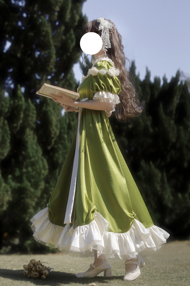 Green Square Collar Short Sleeves Ruffle Bowknot Sweet Regency-Style Vintage Lolita Dress
