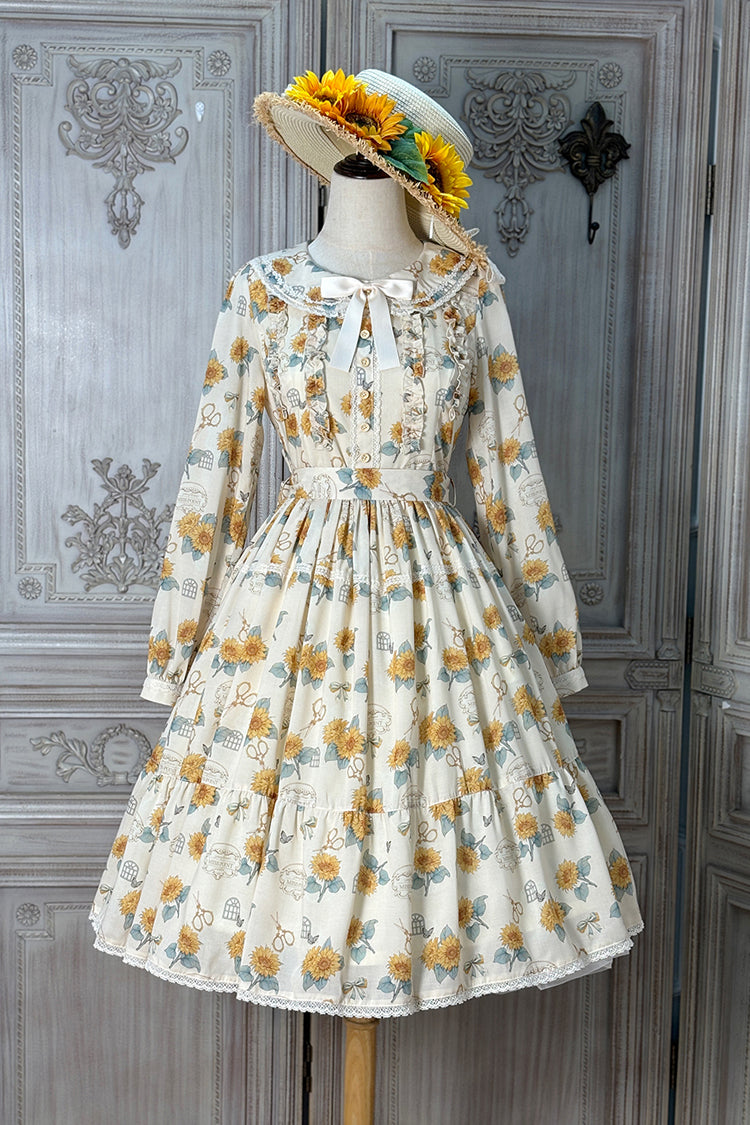 Apricot Gardening Sunflower Long Sleeves Print Ruffle Bowknot Sweet Elegant Lolita Dress