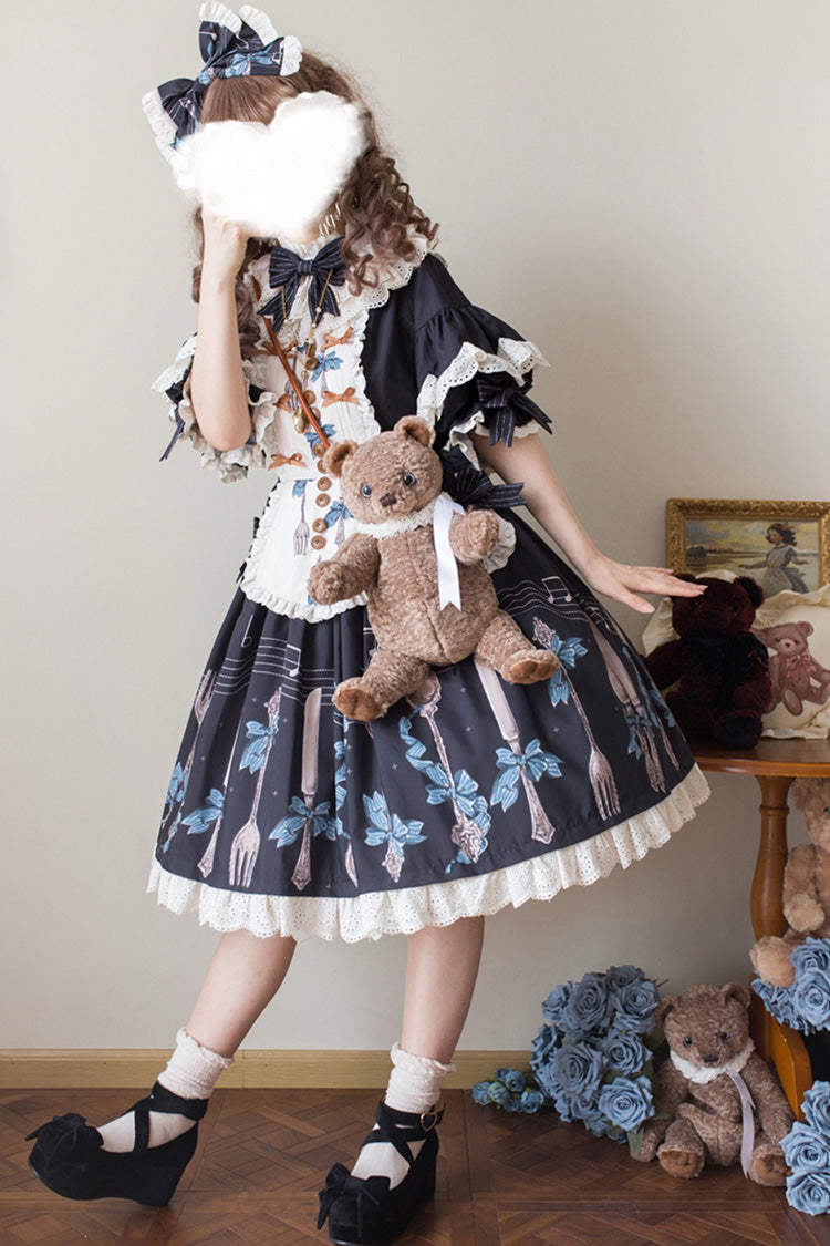 Dark Blue The Witch's Banquet Round Collar Short Sleeves Printed Ruffled Embroidered Bow Lace Sweet Lolita Jsk Dress