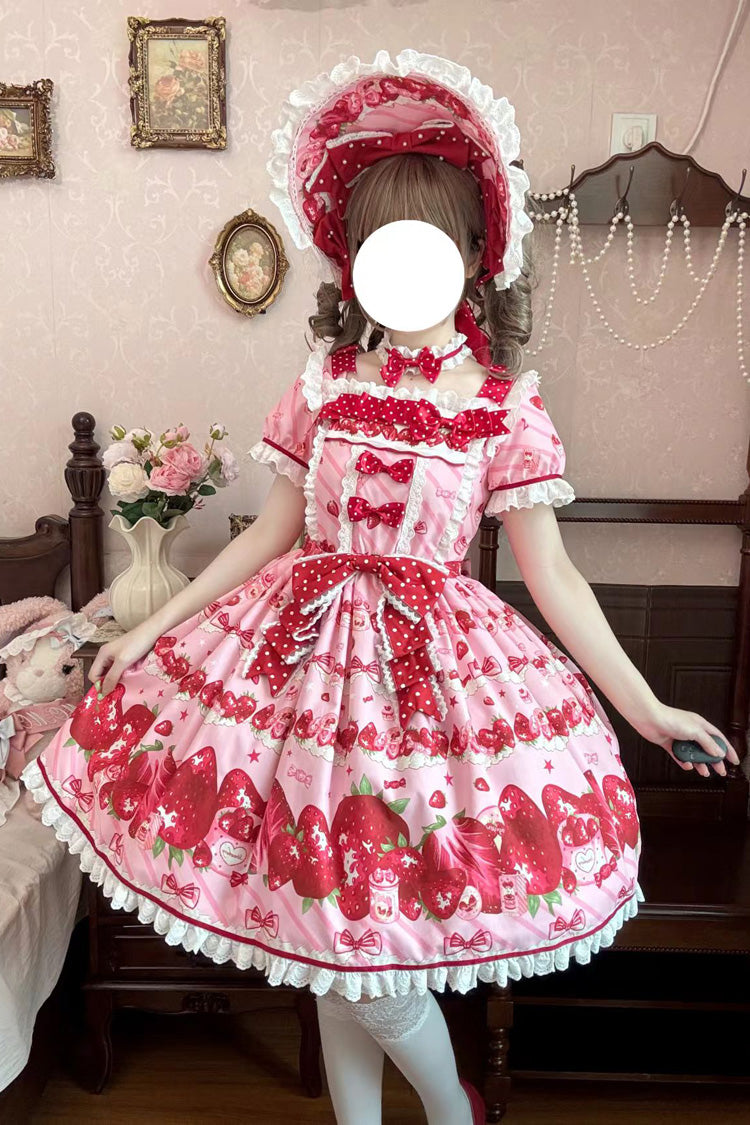 Pink Strawberry Gift Box Short Sleeves Print Ruffle Bowknot Lace Sweet Lolita Dress