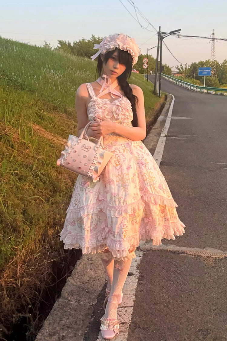 White/Pink Sleeveless Flower Wall Print Ruffle Bowknot Lace Sweet Lolita Jsk Dress