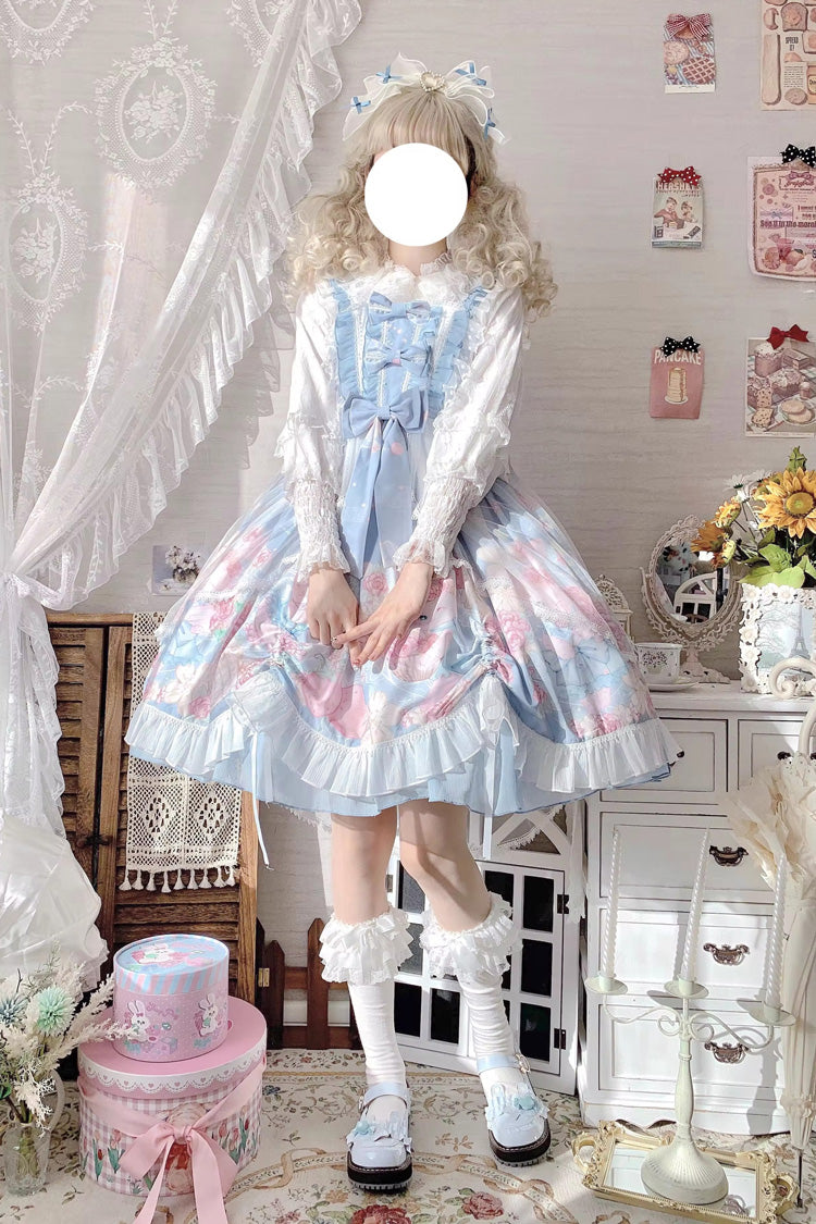 Blue Sleeveless High Waisted Rabbit Print Ruffle Bowknot Sweet Lolita Jsk Dress