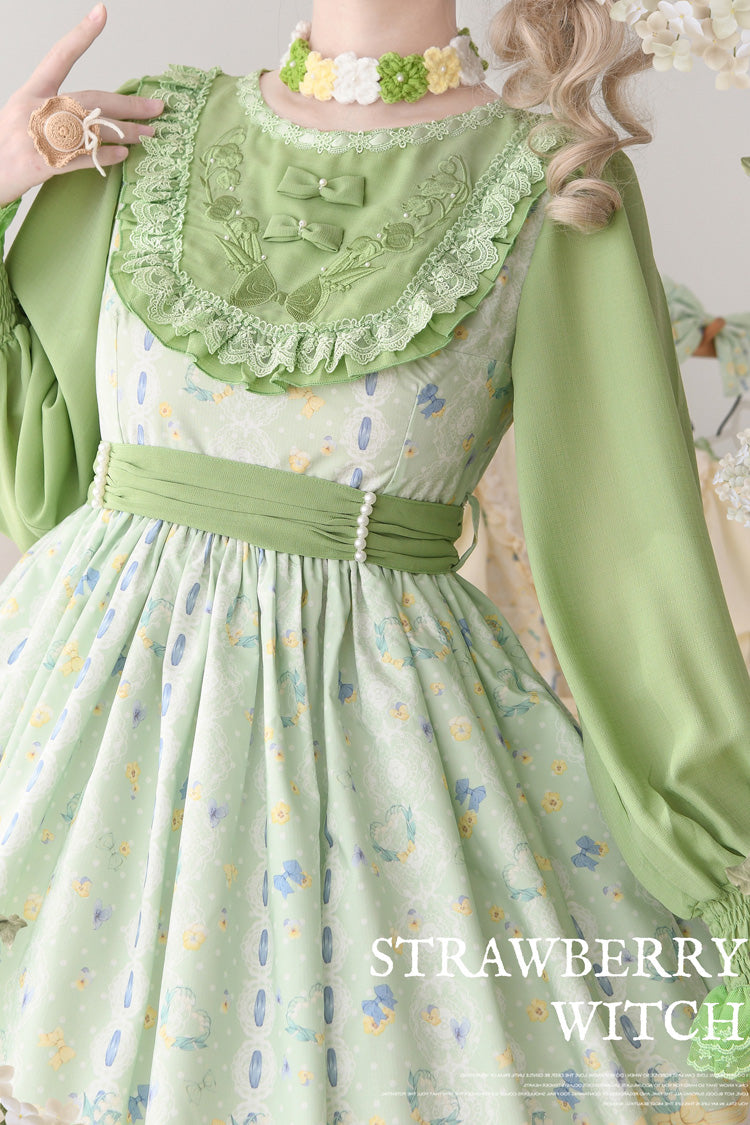Green Lily of the Valley Cat Print Ruffle Embroidery Bowknot Sweet Lolita Dress