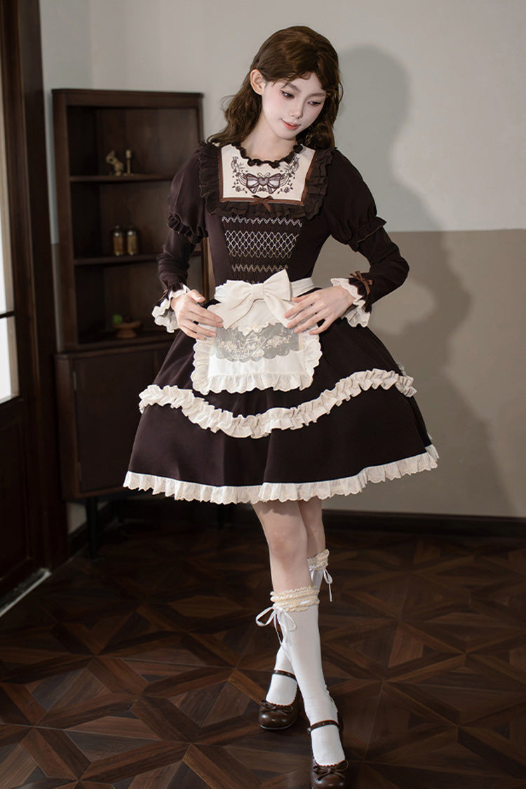 Brown Miss Brown Long Sleeves Double-Layered Ruffle Bouquet Embroidery Bowknot Sweet Lolita Dress (Short Version)