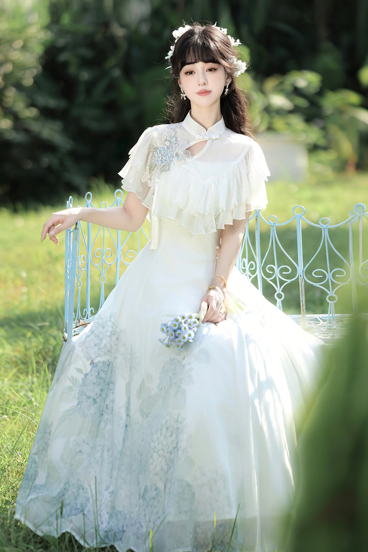 White Hydrangea Message Short Sleeves Print Ruffle Lace Sweet Chinese Style Elegant Lolita Dress