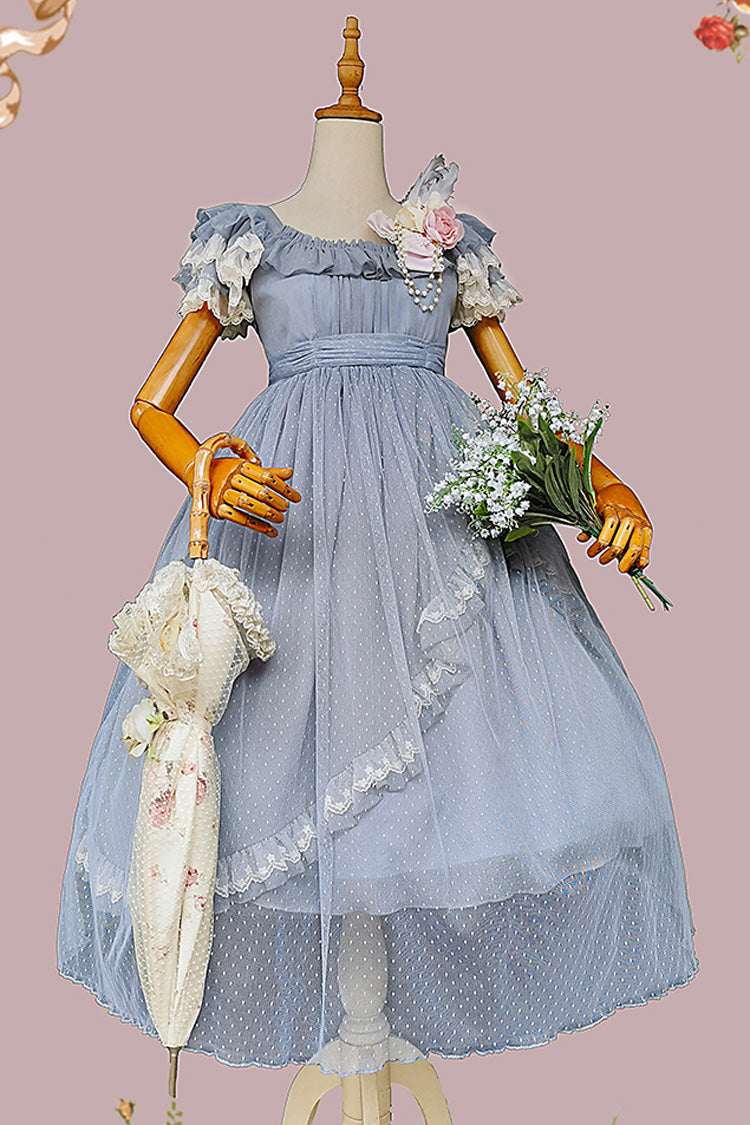 Sax Blue Moon goddess *Mediana* Polka Dot Print Ruffle Bowknot Asymmetric Sweet Elegant Lolita Dress