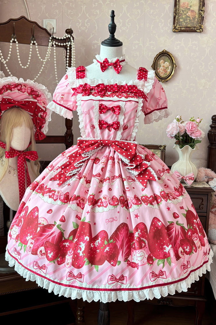 Pink Strawberry Gift Box Short Sleeves Print Ruffle Bowknot Lace Sweet Lolita Dress