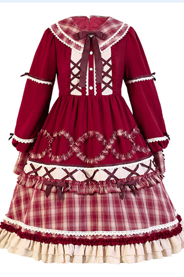 Red Retro Lantern Long Sleeves Plaid Stitching Bowknot Ruffled Tiered Sweet Lolita OP Dress