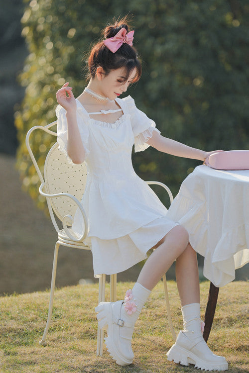 White Ruffled Square Collar Bubble Short Sleeves Double Layer Embossed Fabric Sweet Lolita Dress