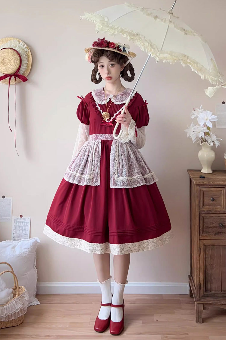 Red Mist over Flowers Along the Path Lapel Collar Long Sleeves Embroidery Bowknot Lace Sweet Lolita Dress