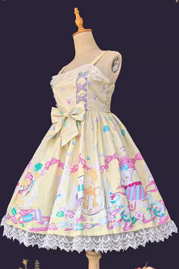 Macaron Dolly House Sleeveless Print Bowknot Lace-Up Sweet Lolita Jsk Dress 3 Colors