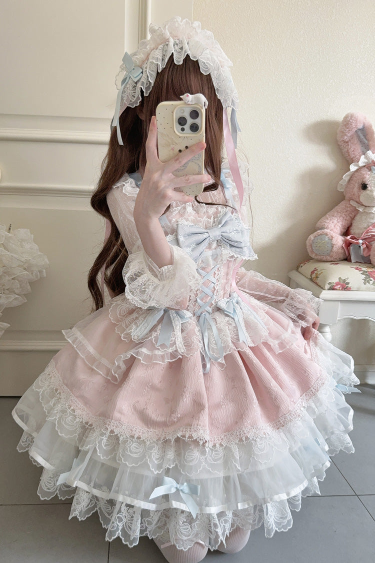Pink Fleishi Island Sleeveless Ruffle Bowknot Lace Slim Sweet Ballet Lolita Jsk Dress