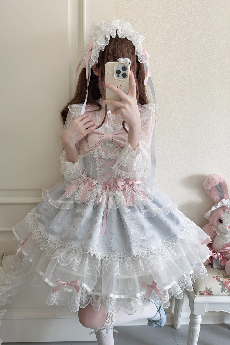 Blue Fleishi Island Sleeveless Ruffle Bowknot Lace Slim Sweet Ballet Lolita Jsk Dress