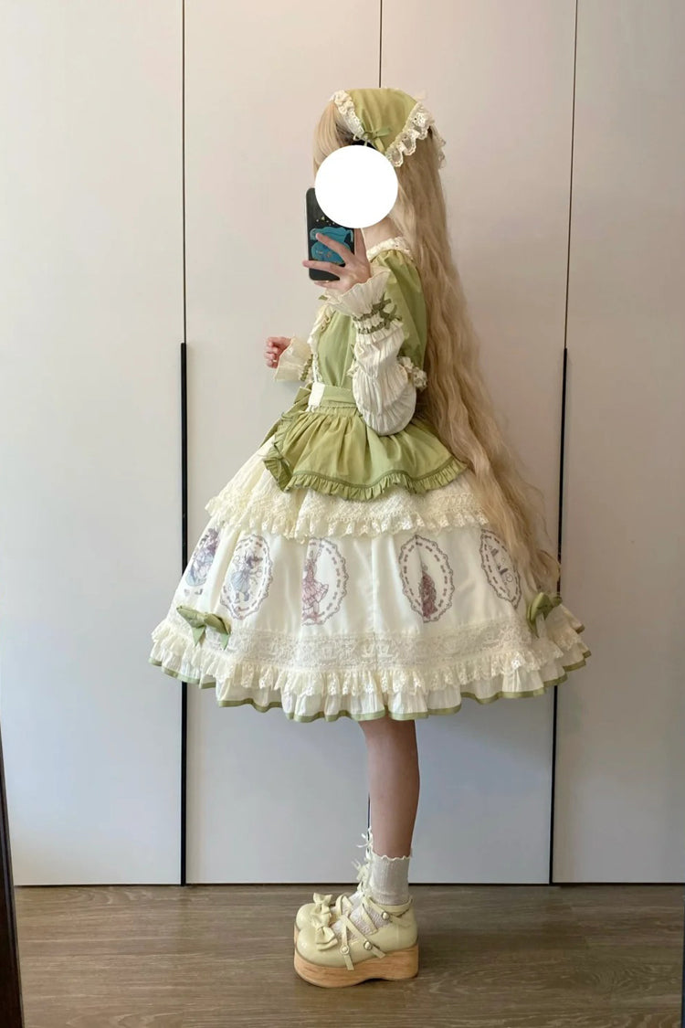 Green Little Ida's Flowers Short Sleeves Print Ruffle Bowknot Sweet Lolita Dress