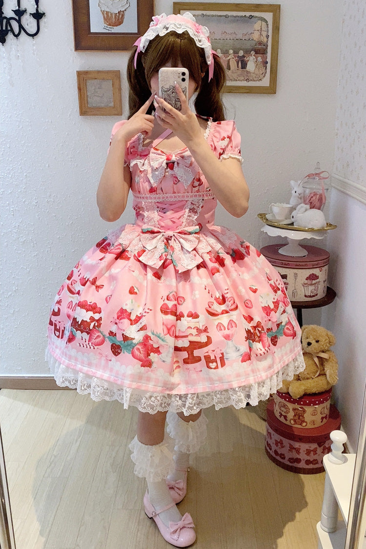 Pink Strawberry Parfait Print Short Sleeves Ruffle Bowknot Lace Lace-Up Sweet Lolita Dress