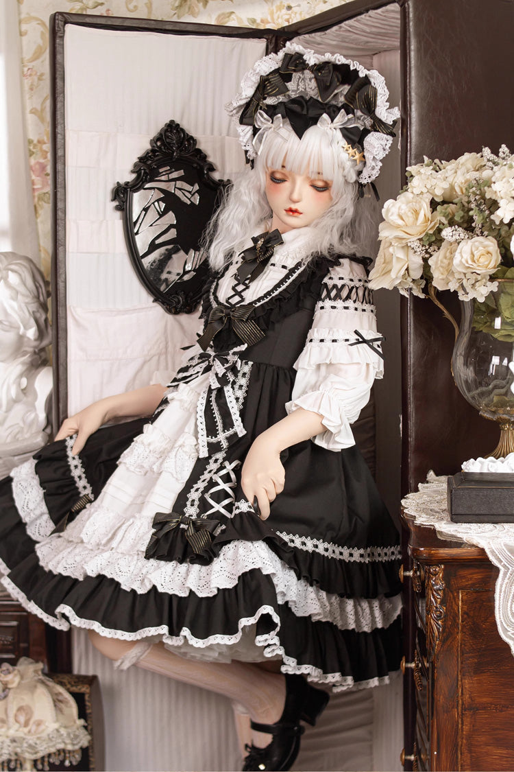 Black/White Tina's Gift Sleeveless Multi-Layered Ruffle Cardigan Bowknot Lace Sweet Lolita Jsk Dress