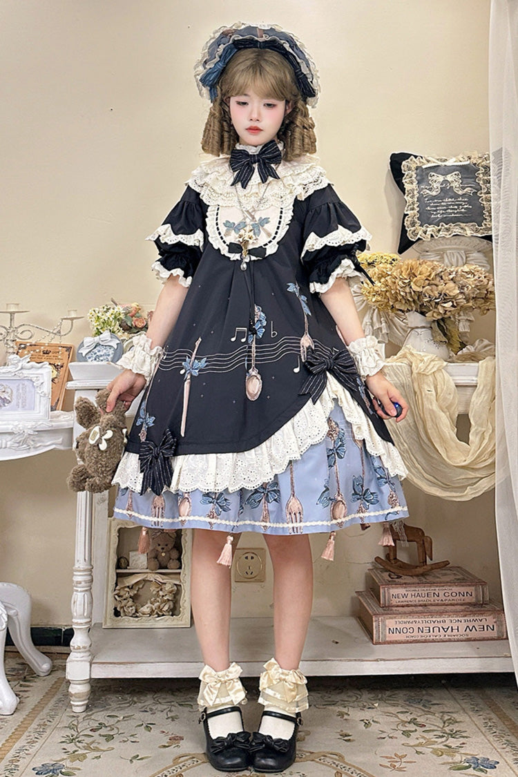 Dark Blue The Witch's Banquet Round Collar Short Sleeves Printed Ruffled Embroidered Bow Asymmetric Sweet Lolita Dress