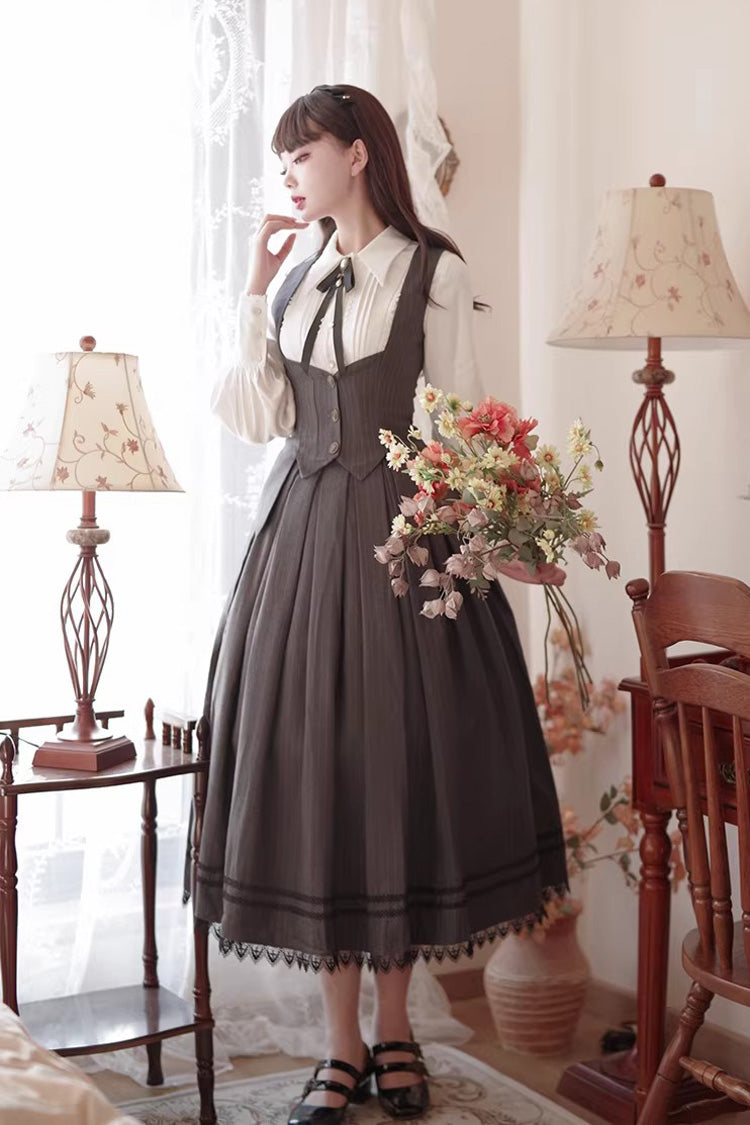 Grey Griffin's Pact Striped Printed Ruffled Gothic Lolita Skirt Vest Set