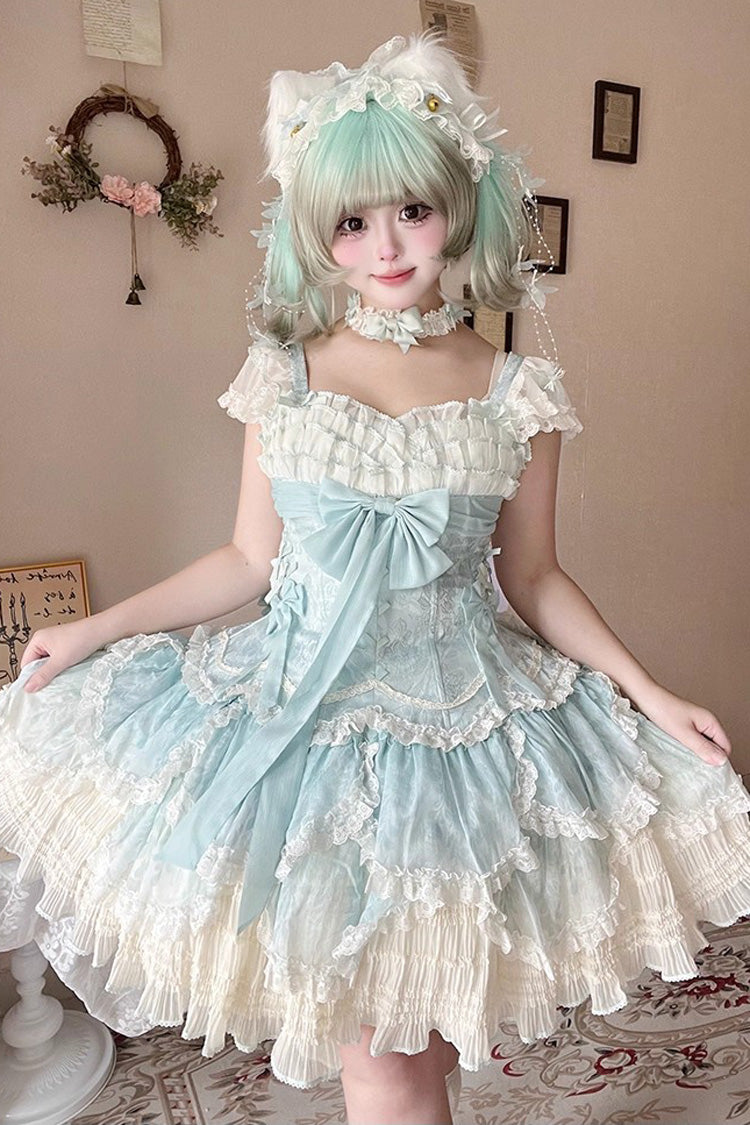 Green Floral Dream Short Sleeves Multi-Layered Ruffle Embroidery Bowknot Lace-Up Sweet Elegant Ballet Lolita Jsk Dress
