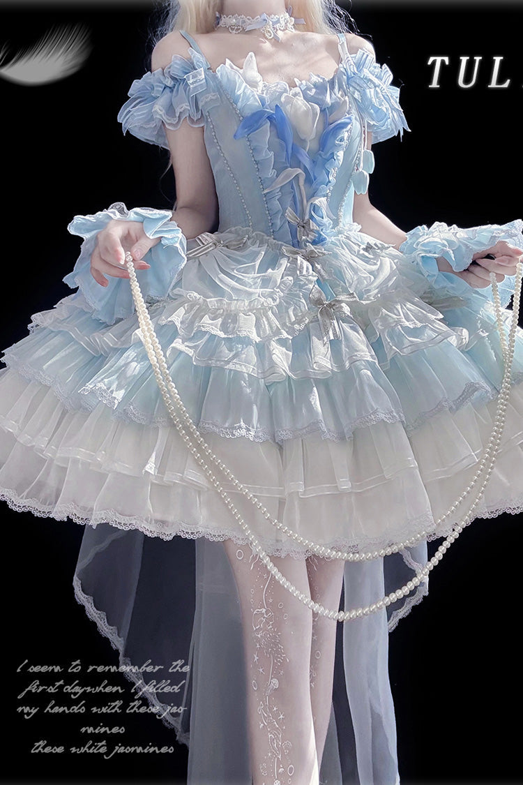 Blue Tulip and Wind Chime Multi-Layered Ruffle Bowknot Lace Sweet Gorgeous Lolita Jsk Dress