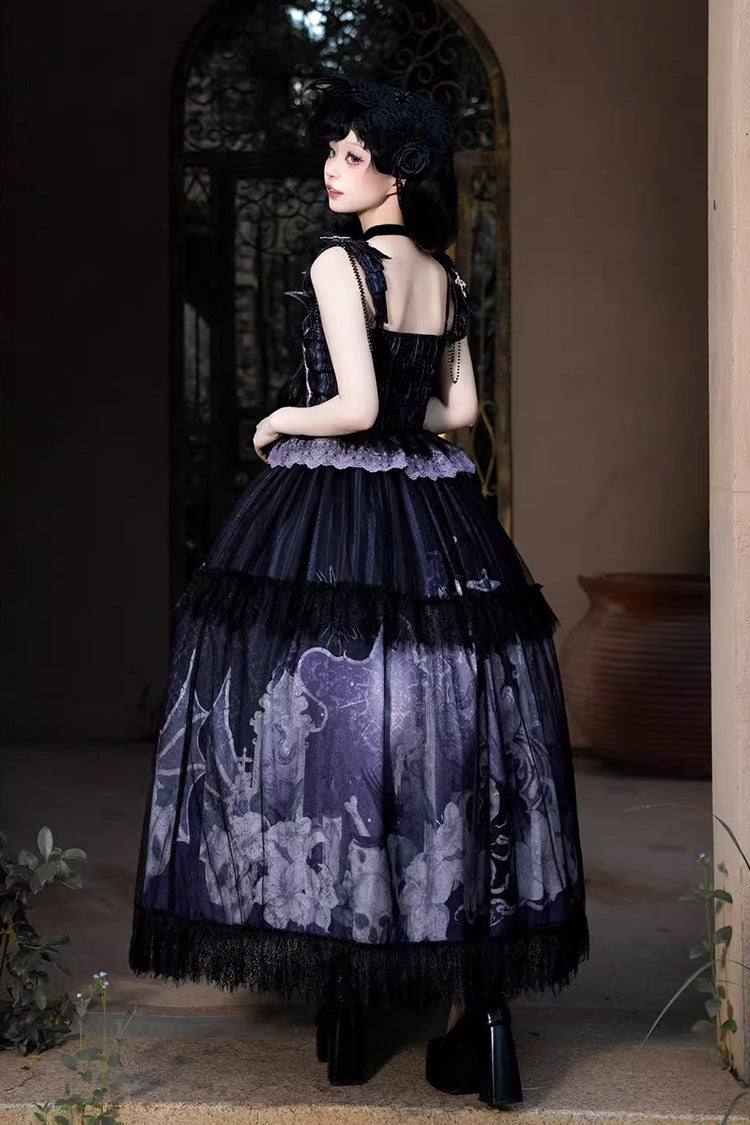 Black/Blue Skull Magic Print Ruffle Bowknot Gothic Elegant Lolita Skirt Two-Piece Set