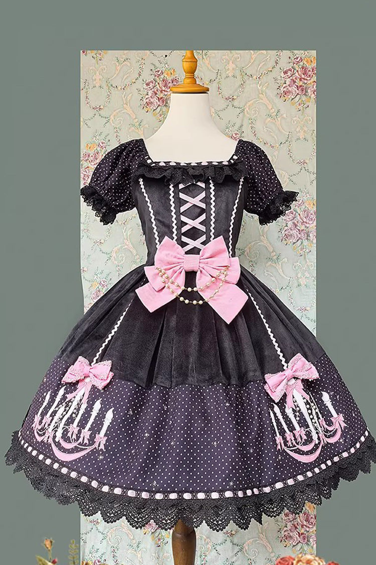 Chandelier Printed Sweet Short Sleeves Bow Lace-Up Pearl-Decorated Lolita Dress 4 Colors