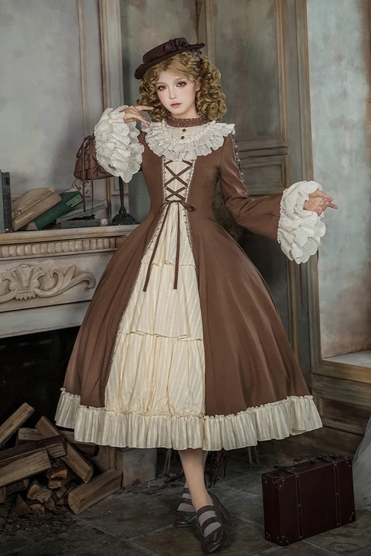 Brown/Beige Nutcracker Stand Collar Long Trumpet Sleeves Ruffle Cardigan Bowknot Lace-Up Sweet Lolita Dress Set 2 Versions