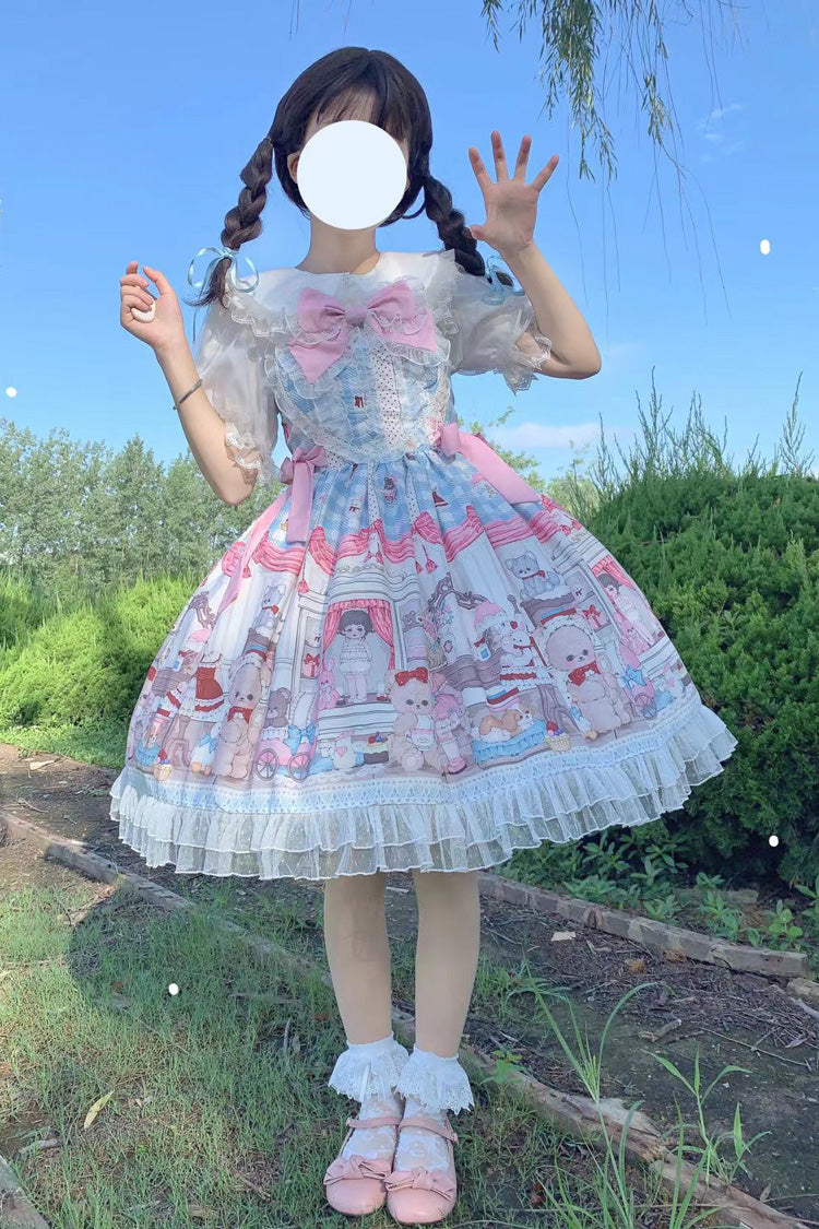 Blue/Pink Plush Bear and Doll Print Ruffle Bowknot Lace Sweet Lolita Jsk Dress