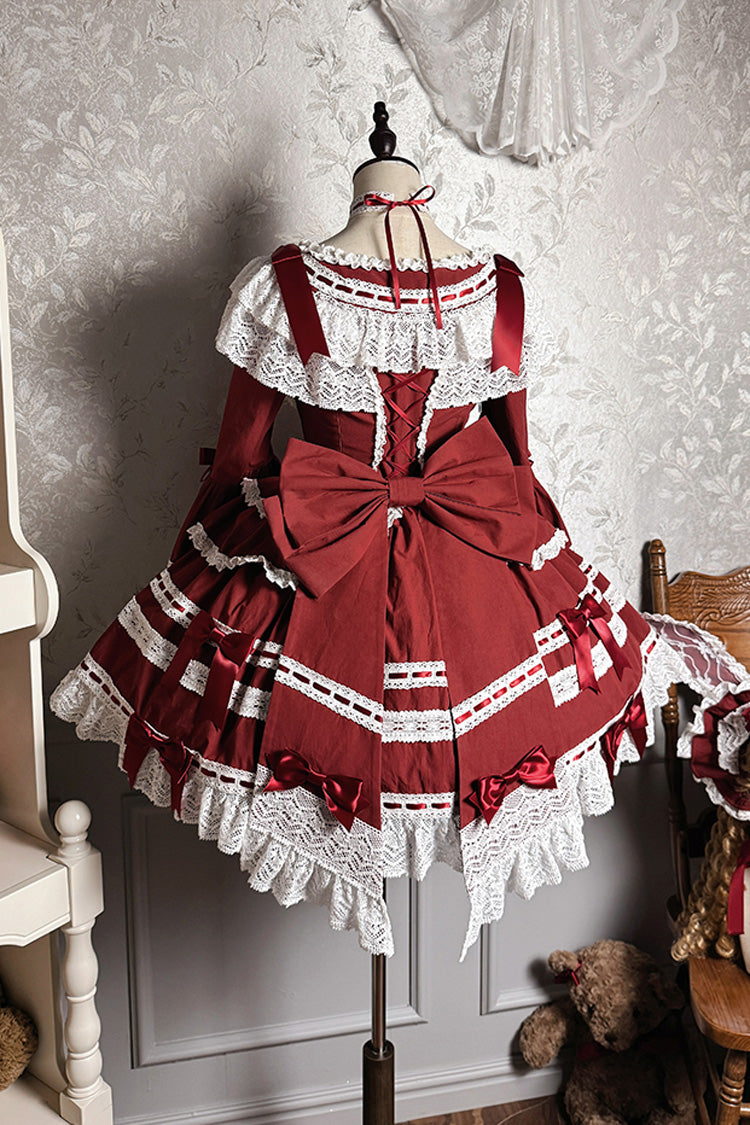 Wine Red Rabbit Sleeping Doll Long Trumpet Sleeves Ruffle Bowknot Lace Sweet Lolita Dress