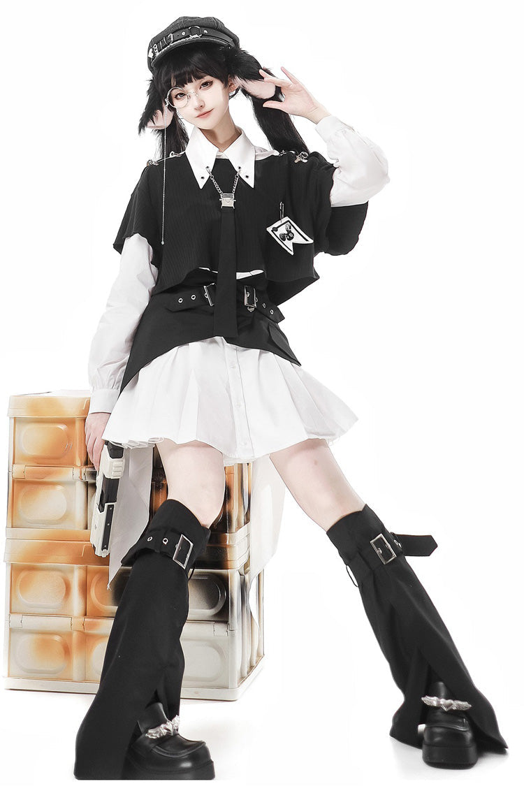 Black/White Cute Rabbit Sheriff Long Sleeves Slim Sweet Military Lolita Dress Set