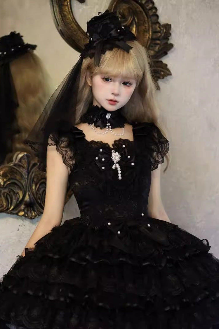 Black Ballad of Feathers Sleeveless Multi-Layered Ruffle Hanayome Bowknot Gothic Lolita Jsk Dress