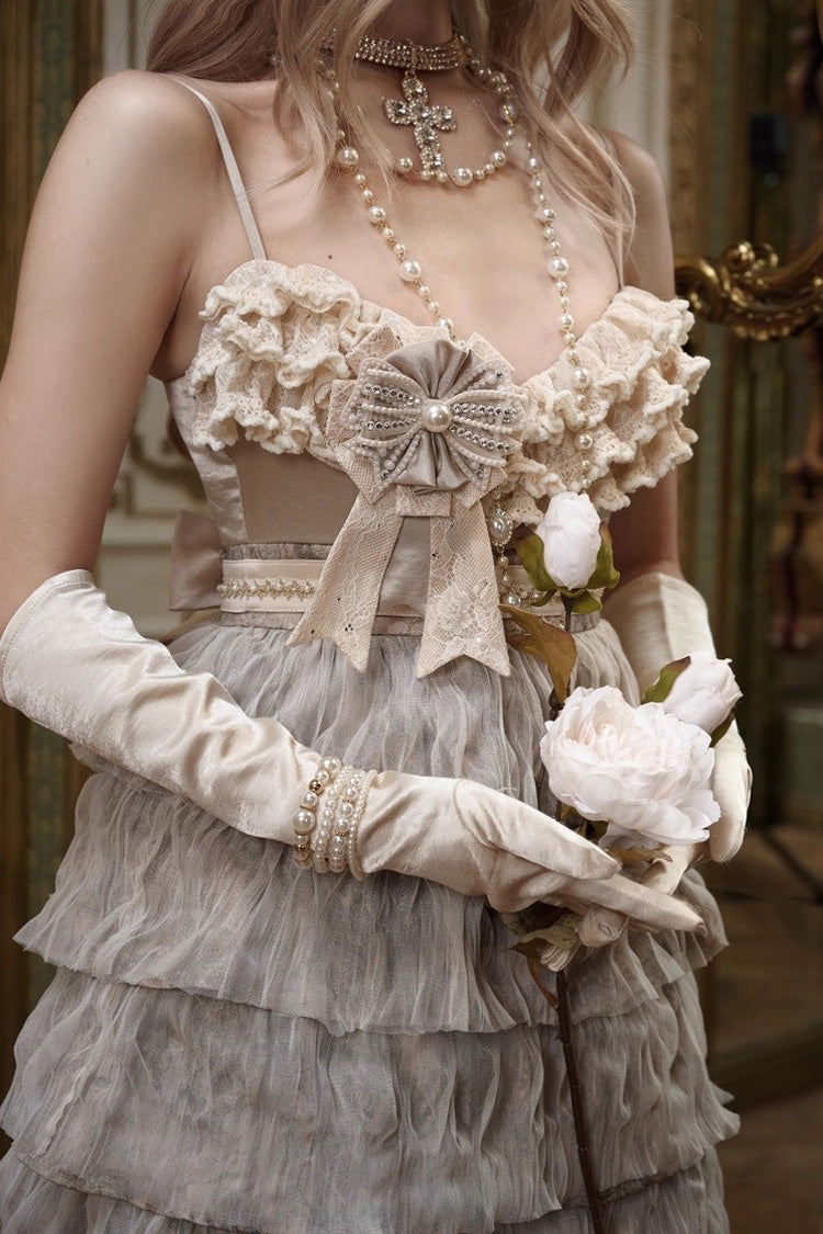 Beige Slavic Noble Lady Sleeveless Multi-Layered Ruffled Bow Sweet Elegant Lolita Jsk Dress