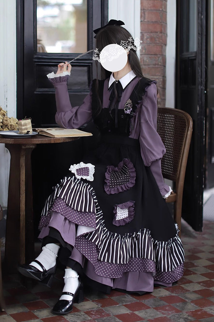 Black Witch Academy Double-Layered Stripe Print Ruffle Bowknot Irregular Sweet Lolita Jumper Dress