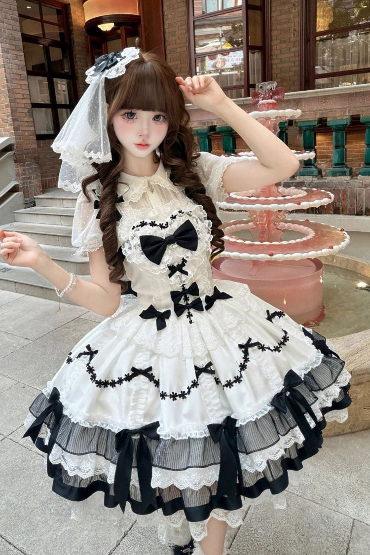 Black/White Scarlet Heart Cocoa Sleeveless Triple-Layered Ruffle Embroidery Bowknot Lace Sweet Lolita Jsk Dress