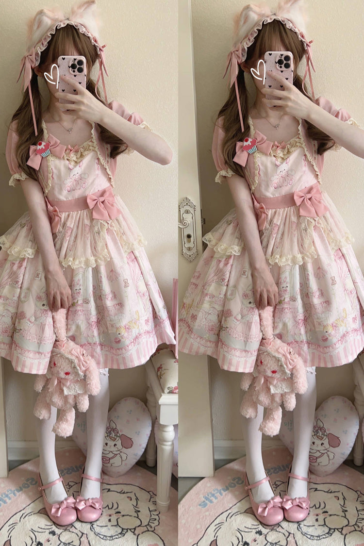 Rabbit Bear Wardrobe Print Ruffle Bowknot Sweet Lolita Dress 3 Colors