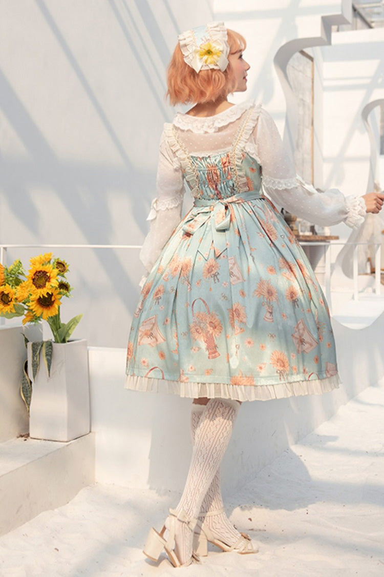Green Miss Sunflower Sleeveless Printed Ruffled Bow Sweet Lolita Jsk Dress