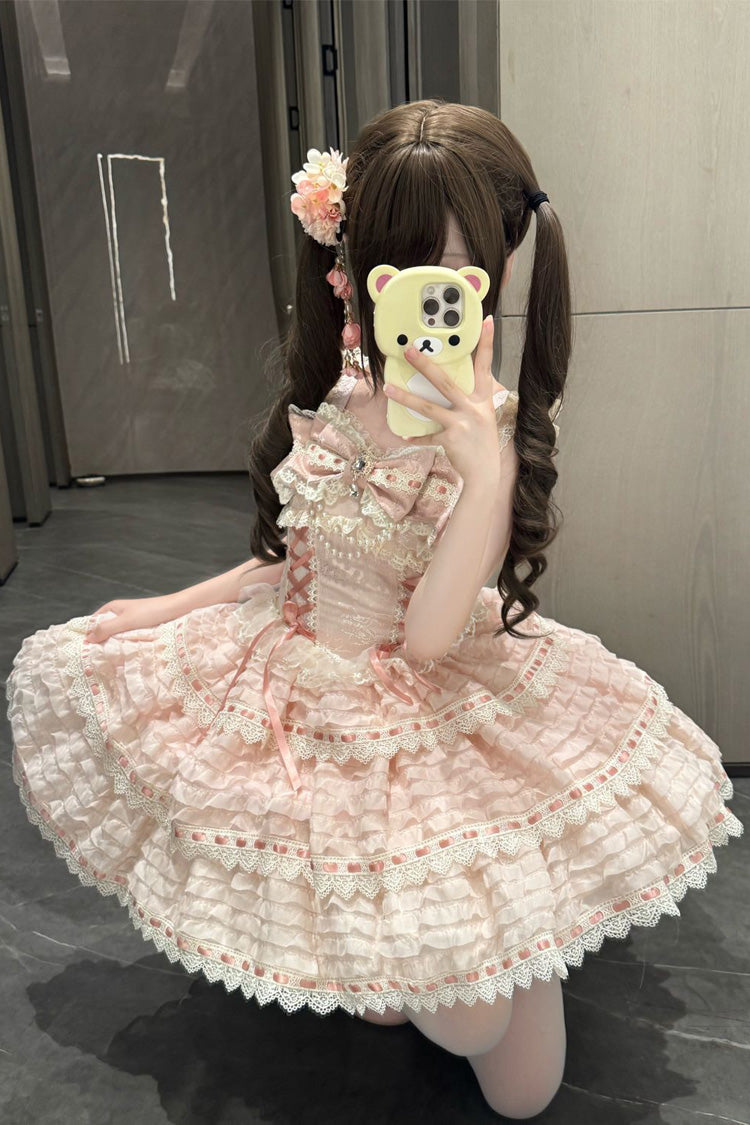 Pink Song of Floral Letters Sleeveless Triple-Layered Bowknot Lace-Up Sweet Lolita Jsk Dress