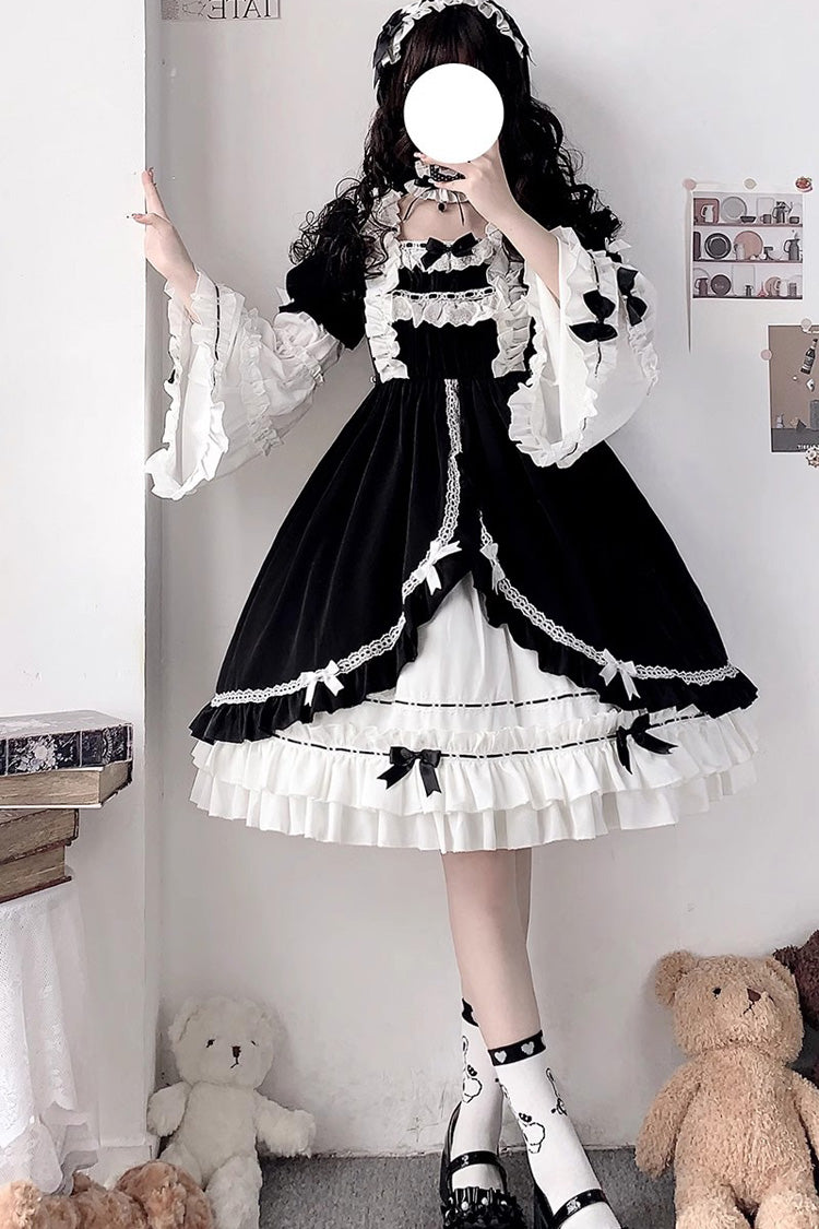 White/Black Hime Sleeves Multi-layer Ruffle Cardigan Bowknot Gothic Princess Lolita Dress