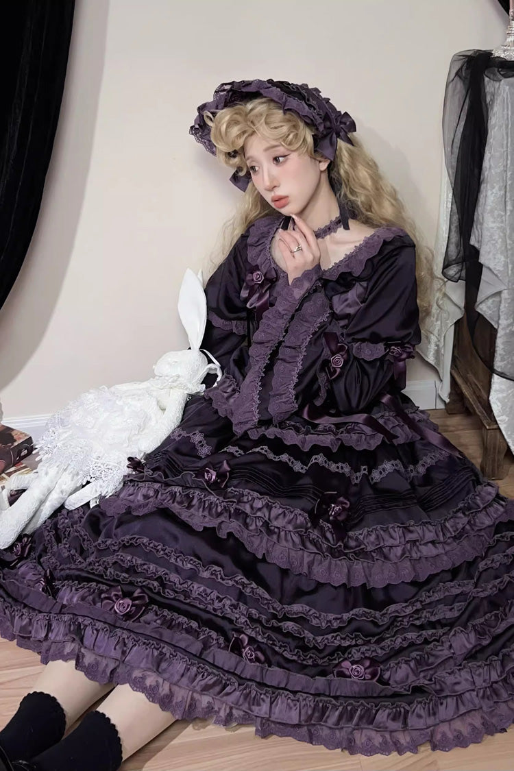 Purple Layered Blackcurrant Short Sleeves Ruffle Bowknot Lace Sweet Lolita Dress