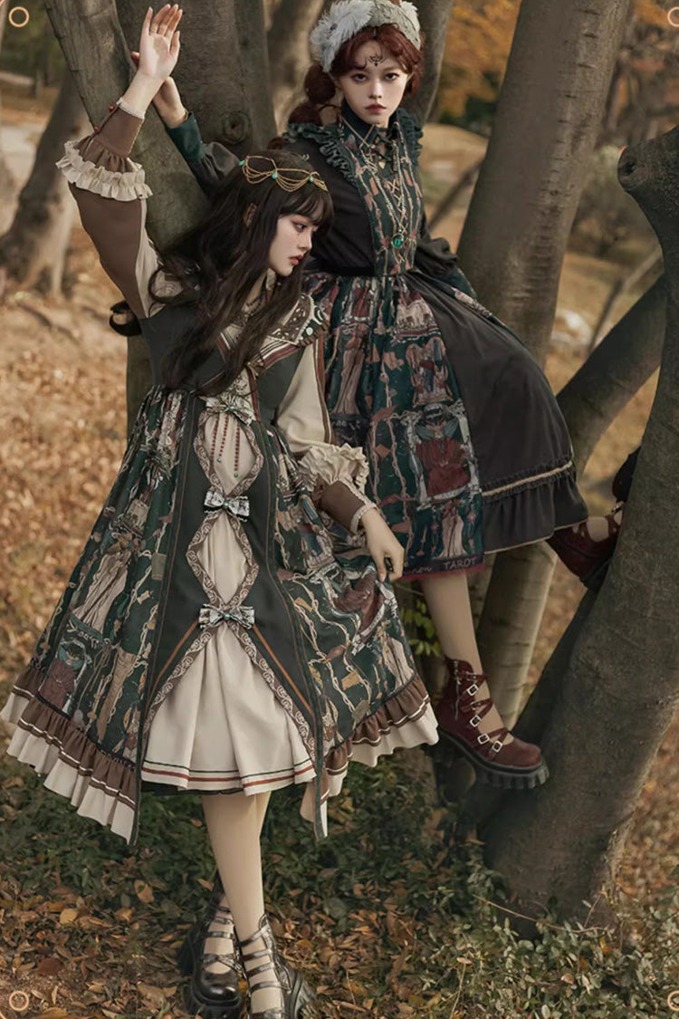 Dark Blue Tarot Print Ruffle Bowknot Sweet Elegant Lolita Strap Dress