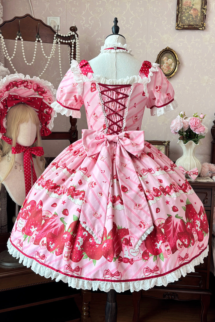 Pink Strawberry Gift Box Short Sleeves Print Ruffle Bowknot Lace Sweet Lolita Dress
