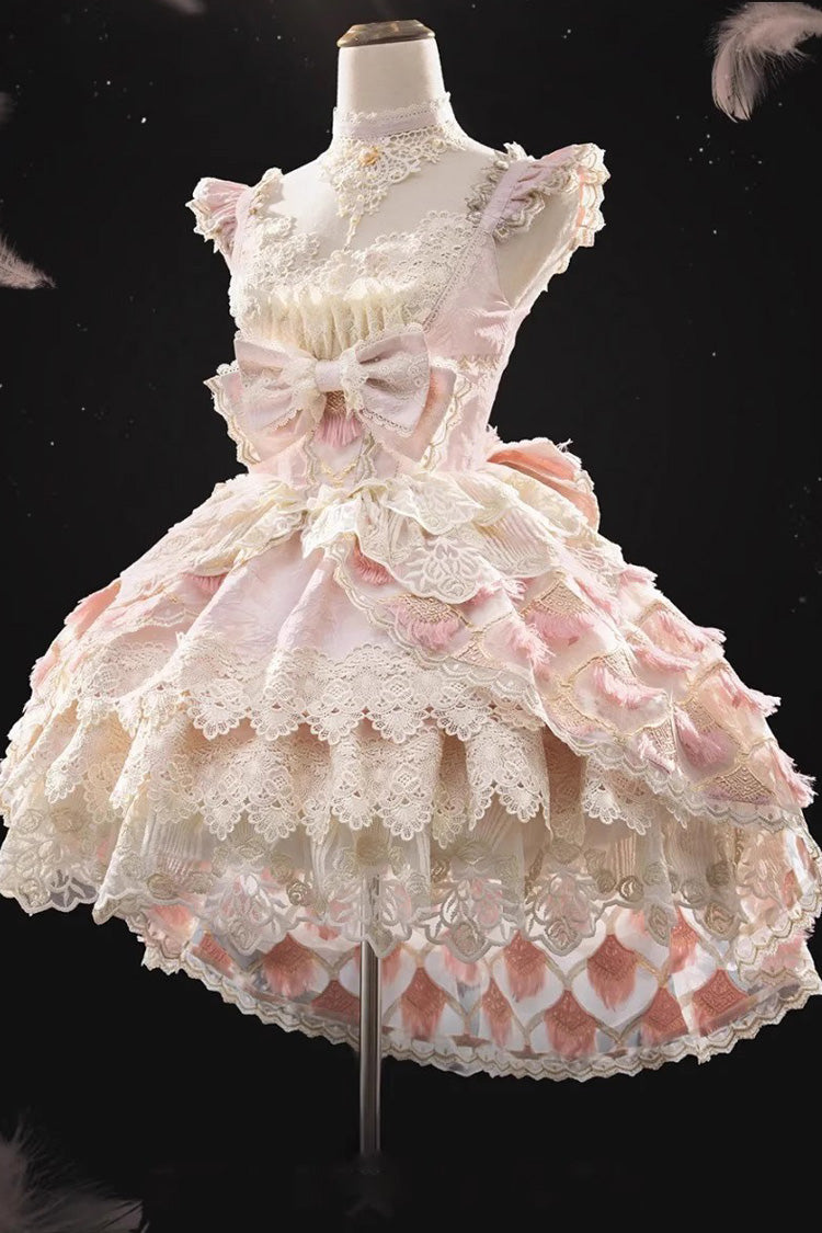 Pink Peacock Feather Multi-Layered Ruffle Hanayome Cardigan Bowknot Lace Sweet Lolita Jsk Dress Set