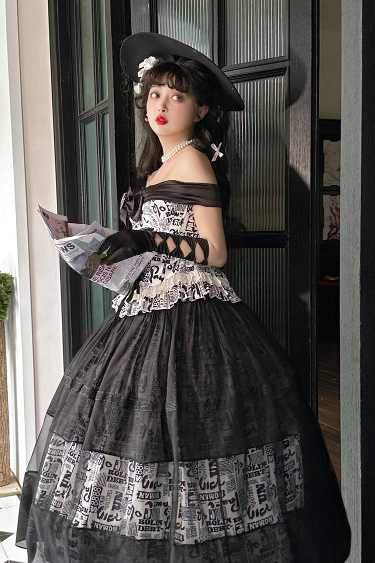 Black Pin-Up Girl Boat Neck Printed Ruffled Bow Lace-Up Asymmetric Gothic Elegant Lolita Skirt Set