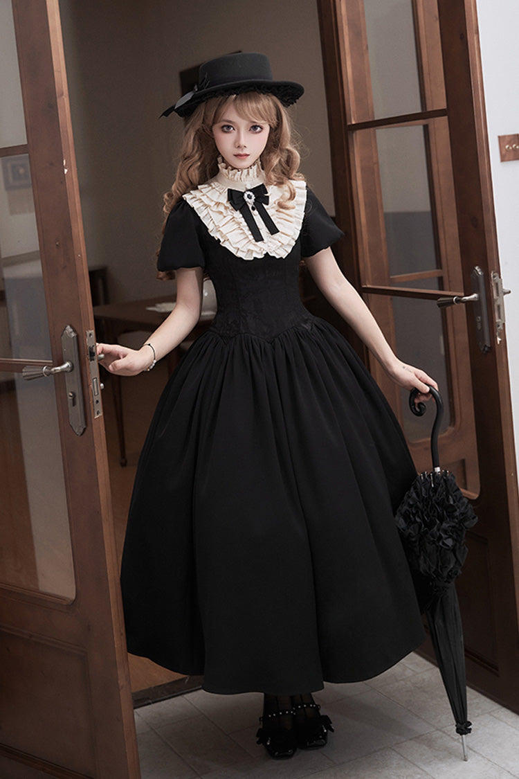 Black Old Testament Short Sleeves Ruffle Embroidery Bowknot Lace-Up Gothic Lolita Dress 2 Versions