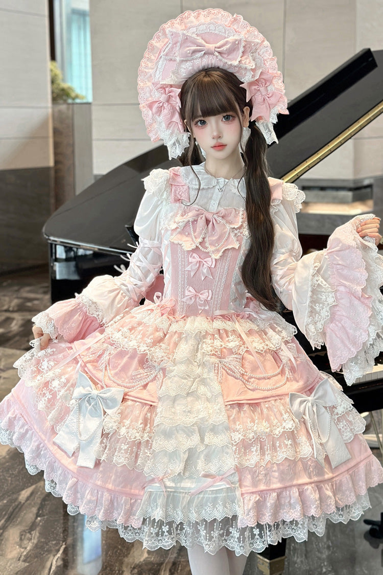 Sakura Love Multi-Layered Jacquard Ruffle Embroidery Cardigan Bowknot Lace Sweet Gorgeous Lolita Jsk Dress 2 Colors